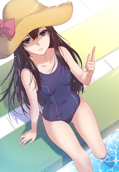 Anime picture 1382x2000 with original zucchini single long hair tall image looking at viewer fringe blue eyes black hair hair between eyes sitting parted lips from above arm support shadow covered navel ass visible through thighs shaded face soaking feet poolside