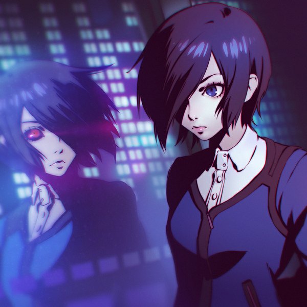 Anime picture 900x900 with tokyo ghoul studio pierrot kirishima touka ilya kuvshinov fringe short hair blue eyes red eyes looking away purple hair wind hair over one eye reflection multiple persona girl buttons