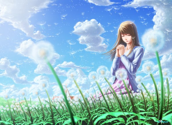 Anime picture 1440x1049 with original darkmuleth single long hair brown hair sky cloud (clouds) eyes closed girl dress flower (flowers) plant (plants) grass