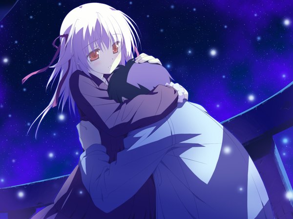 Anime picture 1600x1200 with hoshizora no memoria ototsu yume shida kazuhiro long hair short hair black hair red eyes game cg white hair night couple hug girl dress boy ribbon (ribbons) hair ribbon