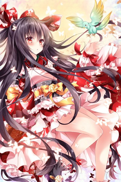Anime picture 534x801 with original amelie (nogi takayoshi) nogi takayoshi single tall image blush fringe open mouth black hair red eyes looking away bent knee (knees) very long hair traditional clothes japanese clothes sunlight wide sleeves :o legs outstretched arm