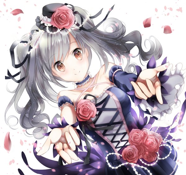 Anime picture 1060x1002 with idolmaster idolmaster cinderella girls kanzaki ranko izumil single long hair looking at viewer smile white background twintails brown eyes grey hair drill hair anniversary princess girl dress flower (flowers) hat petals rose (roses)