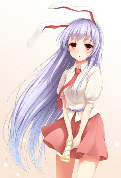 Anime picture 749x1100 with touhou reisen udongein inaba tokugawa landine single long hair tall image looking at viewer blush fringe simple background red eyes animal ears purple hair parted lips wind bunny ears gradient background fake animal ears girl skirt