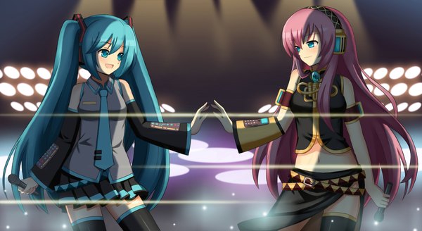 Anime picture 2000x1094 with vocaloid hatsune miku megurine luka tonee long hair highres open mouth blue eyes wide image twintails multiple girls blue hair pink hair girl thighhighs skirt navel 2 girls detached sleeves miniskirt