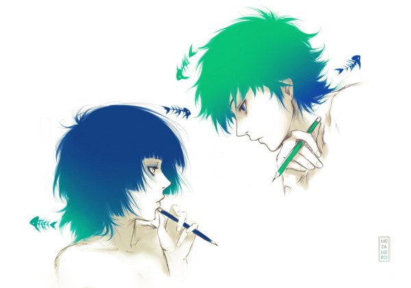 Anime picture 1417x992 with original kaori (mezamero) kai (mezamero) mezamero short hair blue eyes simple background white background blue hair profile multicolored hair green hair skeleton drawing girl boy fish (fishes) pen