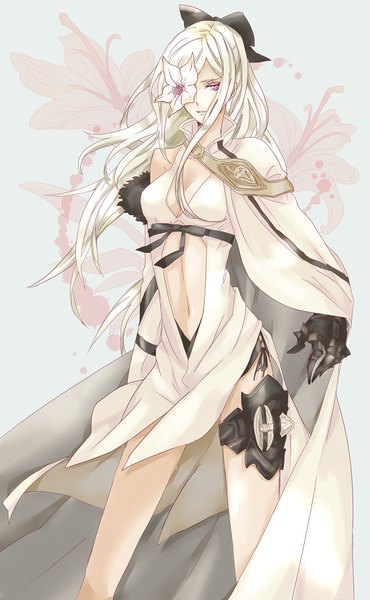 Anime picture 720x1167 with drakengard zero (drag-on dragoon) pixiv id 2521131 single long hair tall image looking at viewer fringe breasts open mouth large breasts standing cleavage white hair pink eyes wind grey background underbust flower over eye girl