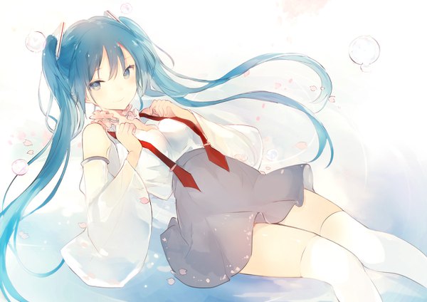 Anime picture 1228x868 with vocaloid hatsune miku lpip single long hair looking at viewer blush fringe blue eyes smile hair between eyes twintails lying aqua hair wide sleeves floating hair girl thighhighs skirt detached sleeves