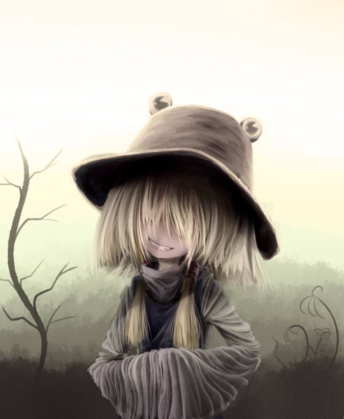 Anime picture 1150x1400 with touhou moriya suwako caoth (artist) single long hair tall image fringe blonde hair smile hair over one eye hands in sleeves girl hat