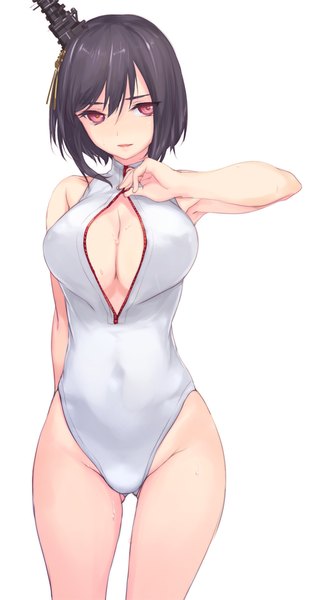 Anime picture 523x1000 with kantai collection yamashiro battleship rokuwata tomoe single tall image looking at viewer fringe short hair breasts light erotic black hair simple background red eyes large breasts standing white background signed head tilt wet covered navel