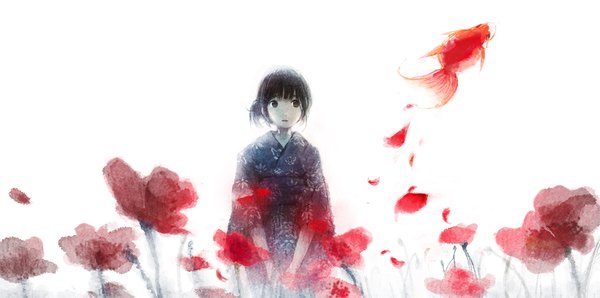 Anime picture 1500x747 with original plasm (gyuunyuu) single fringe short hair open mouth black hair simple background wide image standing white background looking away japanese clothes floral print looking up girl flower (flowers) animal petals kimono