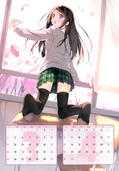 Anime picture 3502x5000 with original kantoku - 2012 calendar miyaguchi hiromi kantoku single long hair tall image blush highres open mouth blue eyes brown hair absurdres looking back no shoes cherry blossoms plaid skirt calendar 2012 girl thighhighs