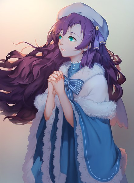 Anime picture 800x1087 with love live! school idol project sunrise (studio) love live! toujou nozomi minhoo single long hair tall image fringe simple background standing green eyes payot looking away purple hair upper body long sleeves nail polish wide sleeves fur trim