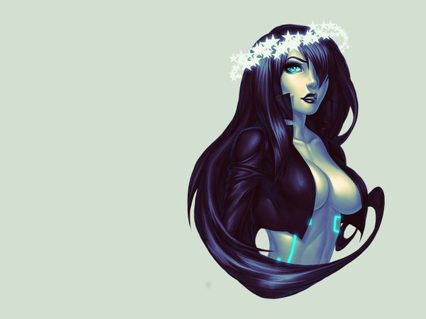 Anime picture 1280x960 with original pirate-cashoo single long hair looking at viewer fringe breasts light erotic black hair simple background large breasts aqua eyes nude hair over one eye open clothes tattoo open shirt lipstick black lipstick girl