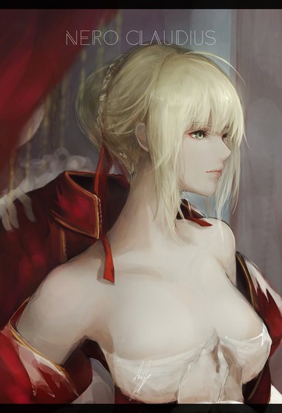 Anime picture 1265x1843 with fate (series) fate/extra nero claudius (fate) (all) nero claudius (fate) marumoru tall image fringe short hair breasts light erotic blonde hair large breasts bare shoulders green eyes signed looking away cleavage upper body ahoge braid (braids)
