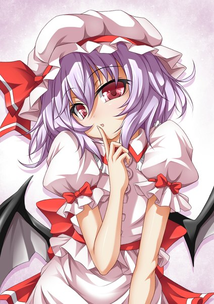 Anime picture 1240x1754 with touhou remilia scarlet roura single tall image short hair red eyes purple hair finger to mouth girl dress wings bonnet