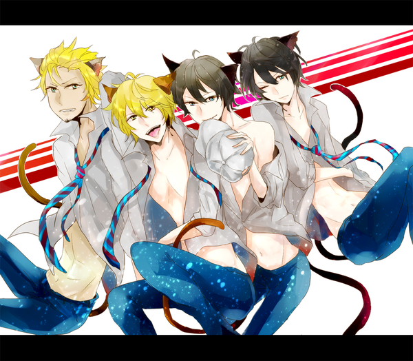 Anime picture 1000x874 with danshi koukousei no nichijou tanaka yoshitake tadakuni toshiyuki karasawa president (danshi koukousei) tamitsu looking at viewer blue eyes black hair simple background blonde hair smile brown hair white background sitting green eyes animal ears yellow eyes one eye closed aqua eyes