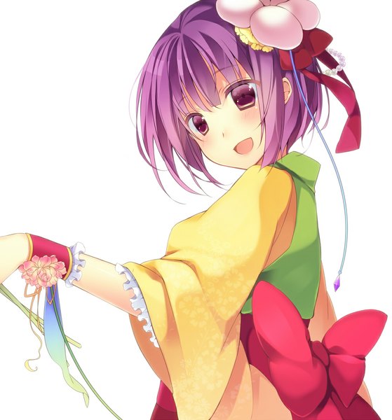 Anime picture 1000x1074 with touhou hieda no akyuu kisaragi kiriha single tall image blush short hair open mouth simple background white background purple eyes purple hair girl hair ornament bow frills