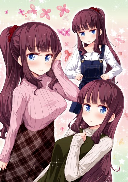 Anime picture 1128x1600 with new game! doga kobo takimoto hifumi tokunou shoutarou long hair tall image looking at viewer blush fringe breasts blue eyes brown hair large breasts payot ponytail blunt bangs parted lips light smile sparkle gradient background