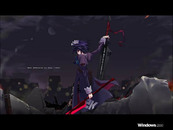Anime picture 1024x768 with os-tan windows (operating system) 2k-tan tagme (artist) single short hair red eyes standing purple hair outdoors night night sky character names letterboxed ruins girl weapon sword