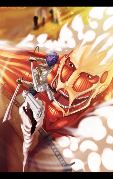 Anime picture 664x1050 with shingeki no kyojin production i.g eren yaeger bertolt hoover colossal titan tremblax tall image short hair open mouth blue eyes holding purple hair coloring letterboxed smoke dual wielding battle giant boy weapon