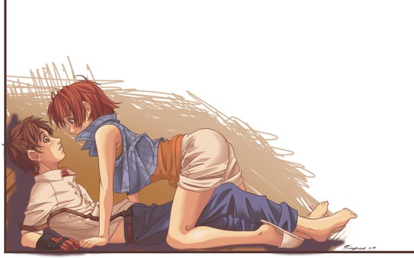 Anime picture 1920x1200 with harvest moon nami (harvest moon) masamune-date blush highres short hair blue eyes brown hair wide image purple eyes brown eyes signed profile barefoot orange hair sleeveless couple kneeling reclining face to face