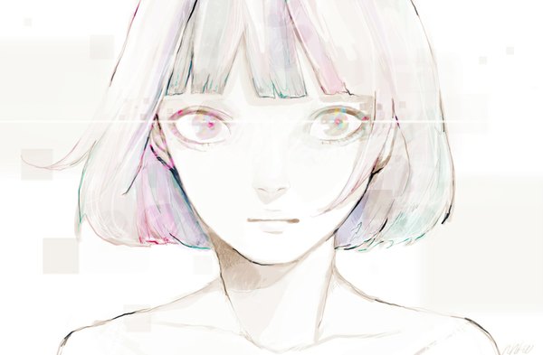 Anime picture 1008x661 with original nanakawa (nanasoon) single fringe short hair white background bare shoulders signed looking away silver hair portrait silver eyes girl