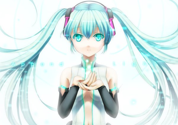 Anime picture 3504x2480 with vocaloid vocaloid append hatsune miku hatsune miku (append) highres smile white background twintails absurdres very long hair aqua eyes aqua hair girl detached sleeves headphones