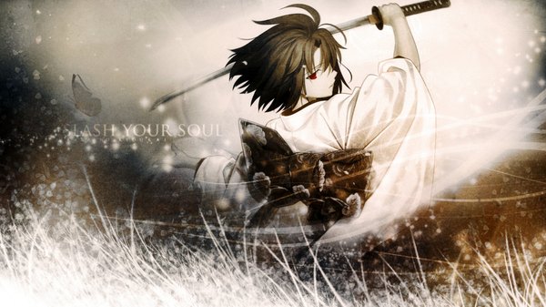 Anime picture 1920x1080 with kara no kyoukai type-moon ryougi shiki luches highres short hair red eyes brown hair wide image japanese clothes from behind girl bow weapon sword kimono katana insect butterfly