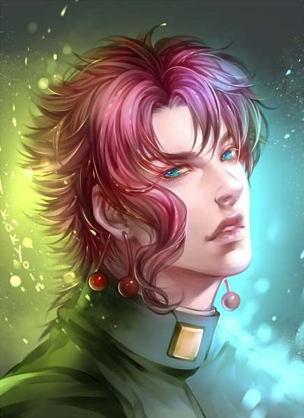 Anime picture 800x1100 with jojo no kimyou na bouken kakyoin noriaki dk (pixiv) single tall image looking at viewer short hair pink hair aqua eyes lips realistic character names portrait boy uniform school uniform earrings food berry (berries) cherry