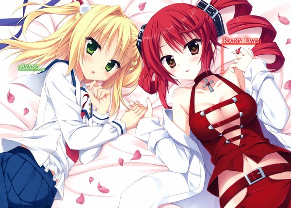 Anime picture 3776x2700 with moribe (rabumanyo) long hair looking at viewer blush highres blonde hair red eyes multiple girls green eyes absurdres cleavage red hair scan drill hair girl dress skirt uniform hair ornament 2 girls