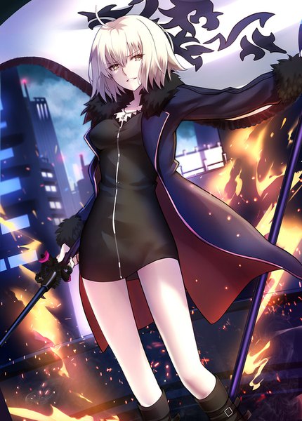 Anime picture 1040x1451 with fate (series) fate/grand order jeanne d'arc (fate) (all) jeanne d'arc alter (fate) shiguru single tall image looking at viewer fringe breasts blonde hair hair between eyes yellow eyes sky cloud (clouds) ahoge outdoors long sleeves parted lips light smile