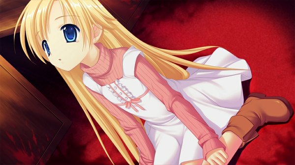 Anime picture 1024x576 with shion no ketsuzoku (game) long hair blue eyes blonde hair wide image game cg loli girl dress