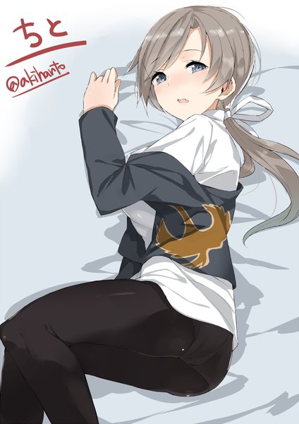 Anime picture 600x848 with kantai collection chitose seaplane tender akiha (attract) single long hair tall image looking at viewer blush fringe open mouth blue eyes light erotic signed bent knee (knees) lying grey hair teeth fang (fangs) on side girl