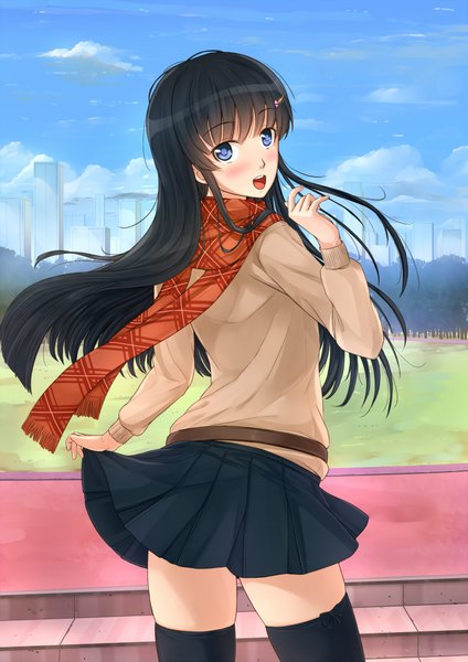 Anime picture 1446x2046 with original kazeno single long hair tall image looking at viewer blush open mouth blue eyes black hair looking back girl thighhighs skirt hair ornament black thighhighs miniskirt scarf black skirt bobby pin