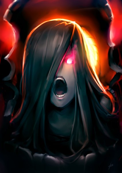 Anime picture 627x885 with kantai collection yo-class submarine ebizome single long hair tall image looking at viewer fringe open mouth pink eyes hair over one eye glowing portrait dark background glowing eye (eyes) pale skin shinkaisei-kan screaming girl