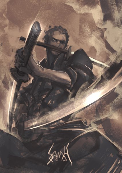 Anime picture 1000x1410 with one piece toei animation roronoa zoro samhu single tall image short hair holding one eye closed wink mouth hold scar triple wielding boy weapon sword katana