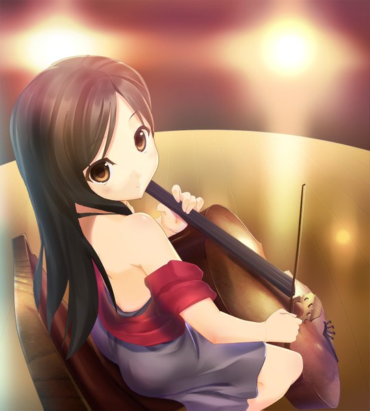 Anime picture 1238x1375 with original kittolau single long hair tall image looking at viewer black hair sitting bare shoulders brown eyes girl skirt