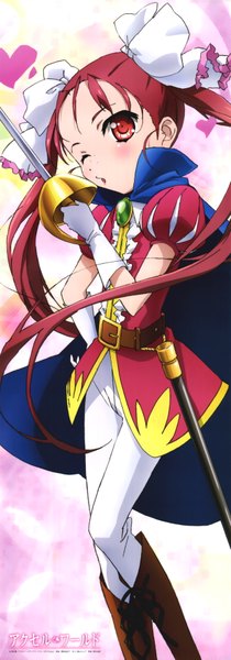 Anime picture 2476x7058 with accel world sunrise (studio) kouzuki yuniko aikei yukiko long hair tall image blush highres red eyes twintails red hair one eye closed wink girl bow weapon hair bow epee