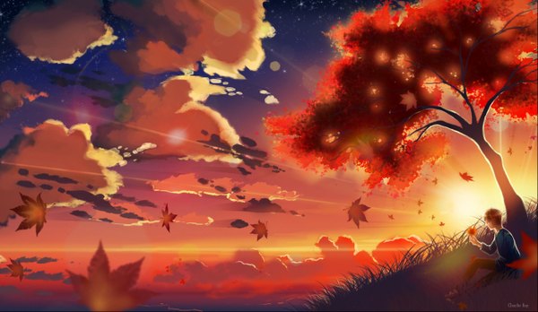 Anime picture 1329x773 with original charlie ray single short hair blue eyes brown hair wide image sitting looking away sky cloud (clouds) light smile sunlight evening sunset sunbeam autumn boy plant (plants) tree (trees)