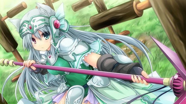 Anime picture 1280x720 with sangoku hime unicorn-a long hair wide image animal ears game cg silver hair heterochromia girl weapon armor