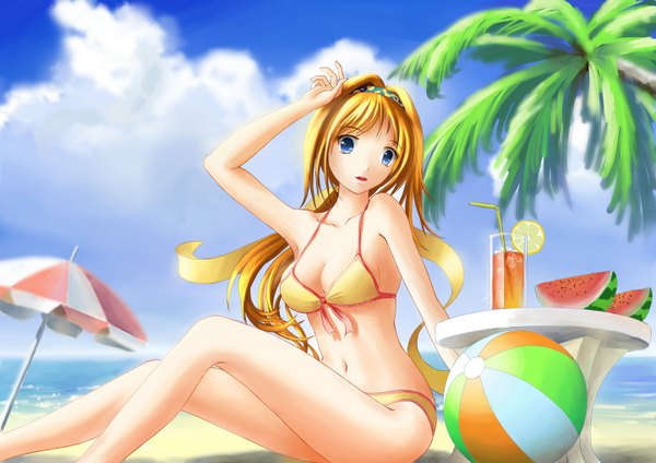 Anime picture 1440x1018 with jeffery (backam) single long hair open mouth blue eyes blonde hair cloud (clouds) beach girl navel swimsuit plant (plants) bikini tree (trees) food hairband berry (berries) palm tree beachball watermelon