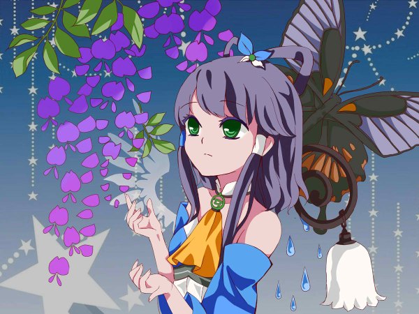 Anime picture 1200x900 with vocaloid vocaloid china luo tianyi single long hair black hair green eyes girl dress hair ornament flower (flowers) detached sleeves petals insect butterfly wisteria