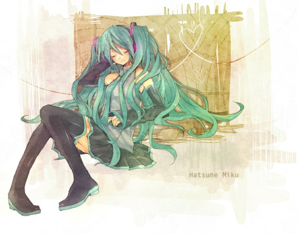 Anime picture 1186x915 with vocaloid hatsune miku heca blush sitting twintails bare shoulders eyes closed very long hair aqua hair girl skirt detached sleeves shirt necktie headphones thigh boots