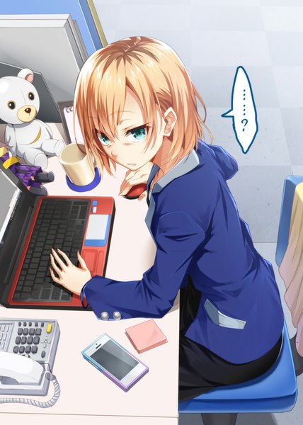 Anime picture 750x1050 with shirobako p.a. works miyamori aoi mimsy (shirobako) lolo (shirobako) heirou tall image looking at viewer short hair blonde hair aqua eyes from above girl toy stuffed animal chair suit mobile phone cup speech bubble
