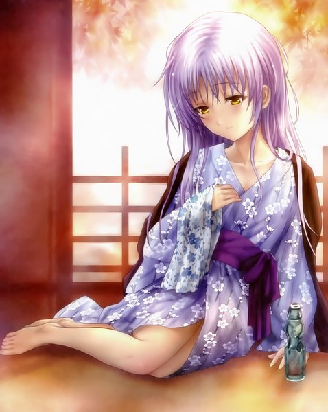Anime picture 2092x2628 with angel beats! key (studio) tachibana kanade goto p single long hair tall image highres yellow eyes looking away white hair traditional clothes japanese clothes scan official art girl kimono bottle