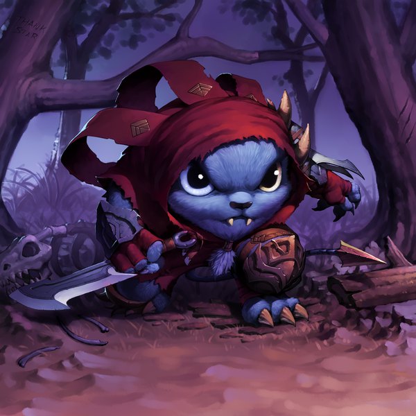 Anime picture 3000x3000 with league of legends rengar (league of legends) daye bie qia lian single highres signed looking away black eyes fang (fangs) chibi fighting stance serious skeleton gloves weapon plant (plants) sword tree (trees) armor fingerless gloves