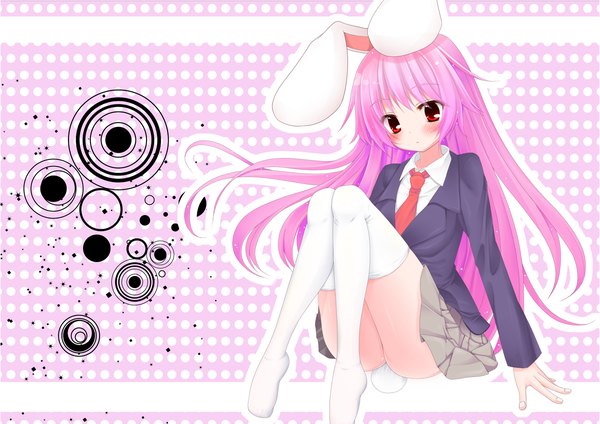 Anime picture 1200x848 with touhou reisen udongein inaba snowcanvas single long hair blush light erotic red eyes sitting pink hair bunny ears bunny girl bunny tail girl thighhighs skirt miniskirt shirt white thighhighs