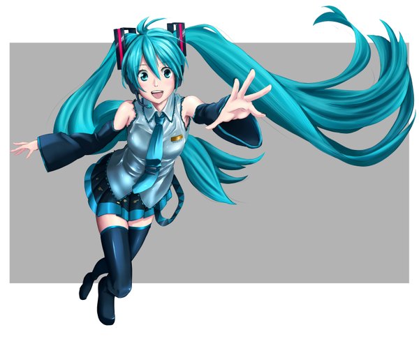 Anime picture 1500x1216 with vocaloid hatsune miku eto single long hair open mouth twintails aqua eyes aqua hair outstretched arm border outside border girl thighhighs detached sleeves necktie