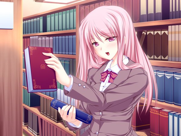 Anime picture 1600x1200 with magus tale whirlpool (studio) milene service tenmaso single long hair blush open mouth pink hair indoors pink eyes wallpaper girl uniform school uniform shirt book (books) library