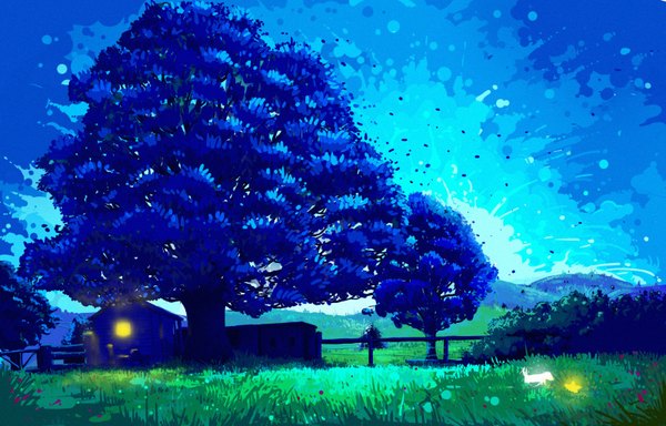 Anime picture 1600x1024 with original hana nama (artist) sky landscape silhouette plant (plants) tree (trees) leaf (leaves) star (stars) grass house fireflies